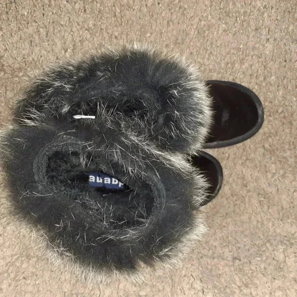 AUABP-Gracie-Black Leather Boots-Sheepskin Lining-Fox Fur Trim-Size 5-Excellent